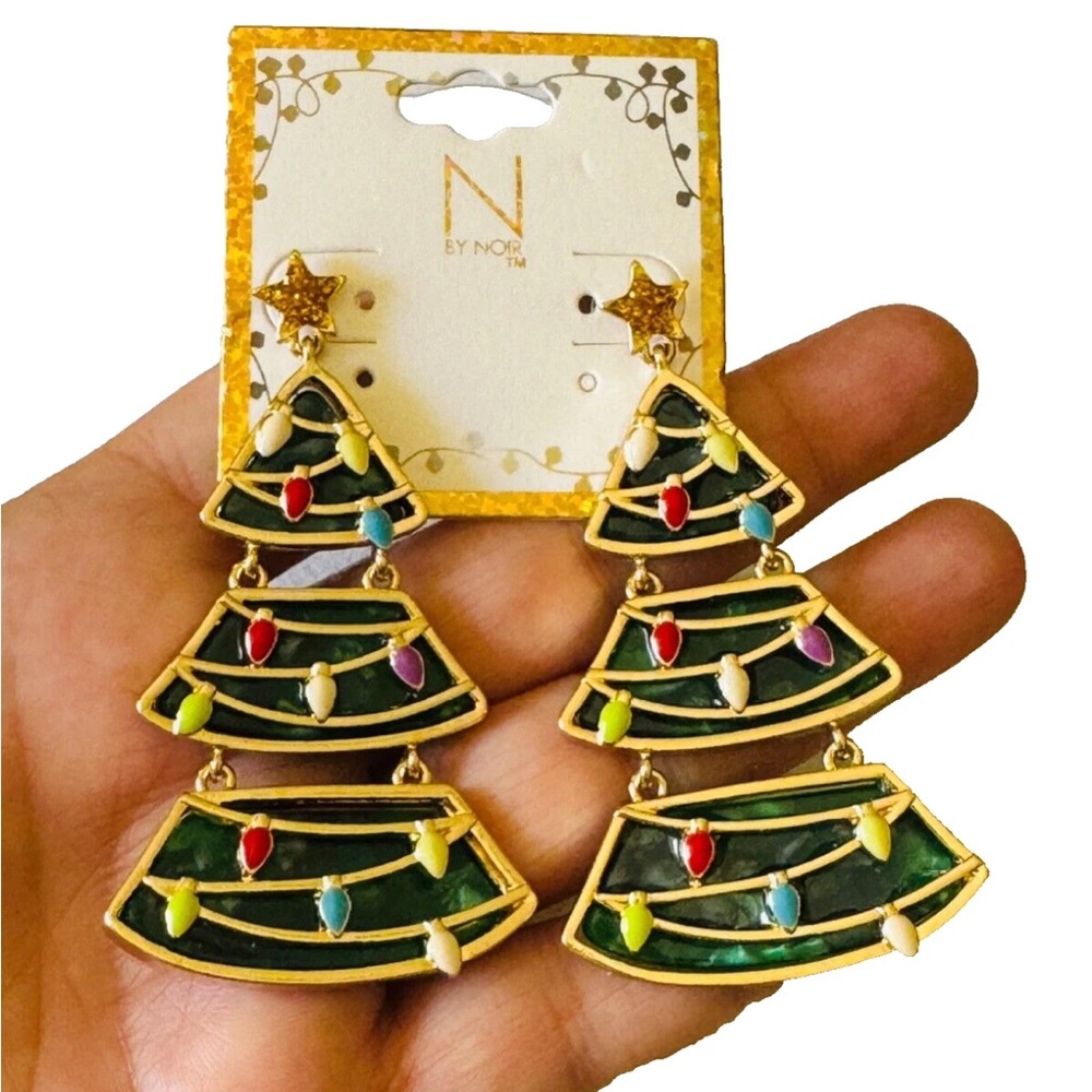 NEW N by Noir Christmas Tree Pierced Earrings on Card
